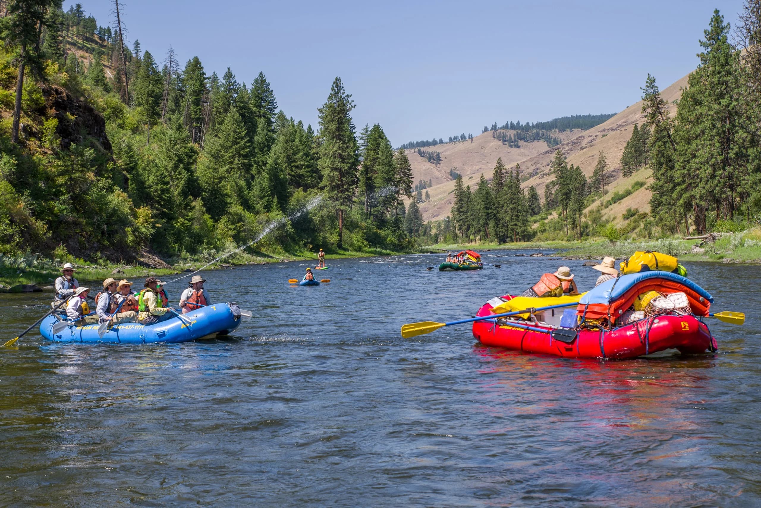 Rafts and paddlers on the Grande Ronde below timbered slopes
